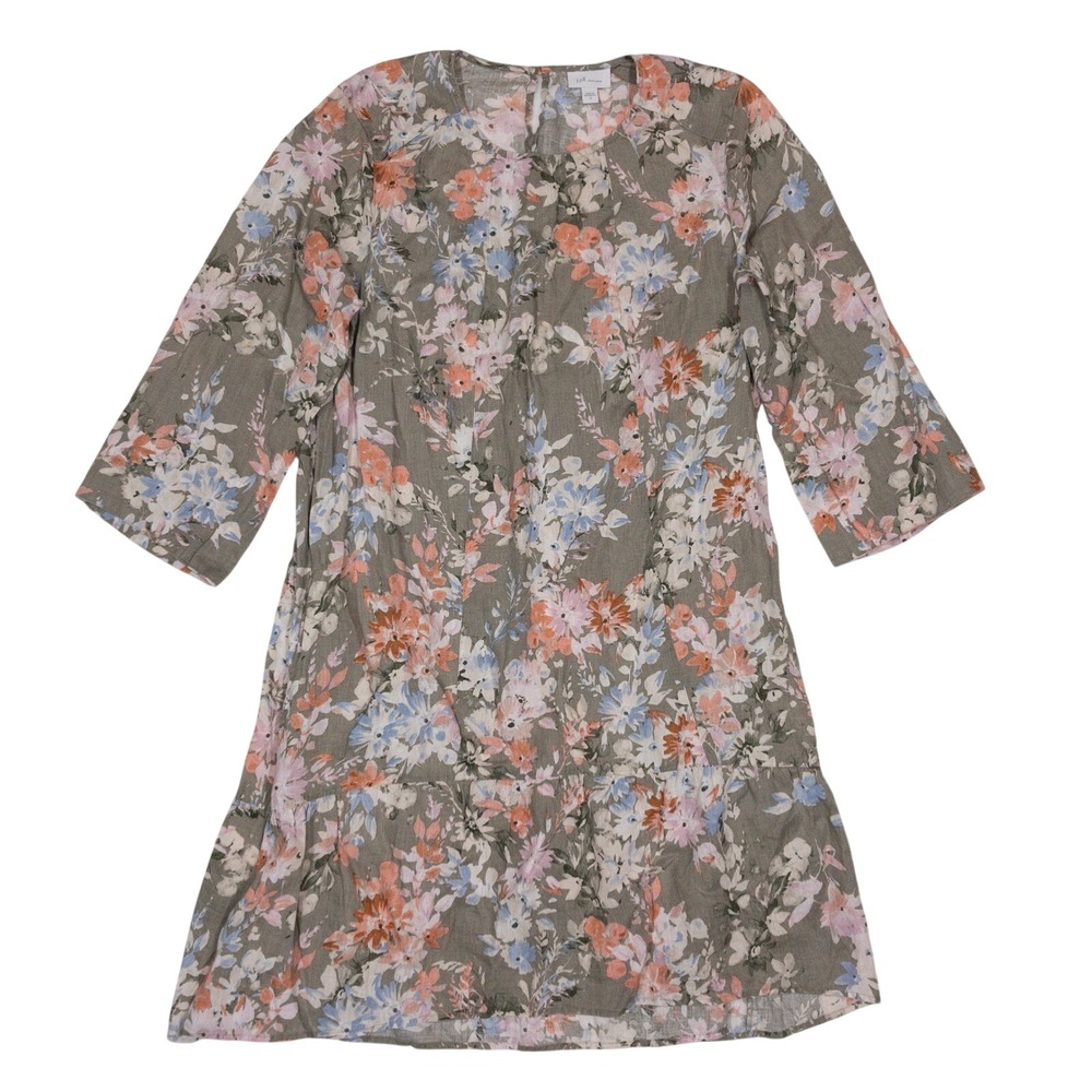 J Jill Love Linen Shift Dress Womens Medium Green Floral Pocket 3/4 Sleeve